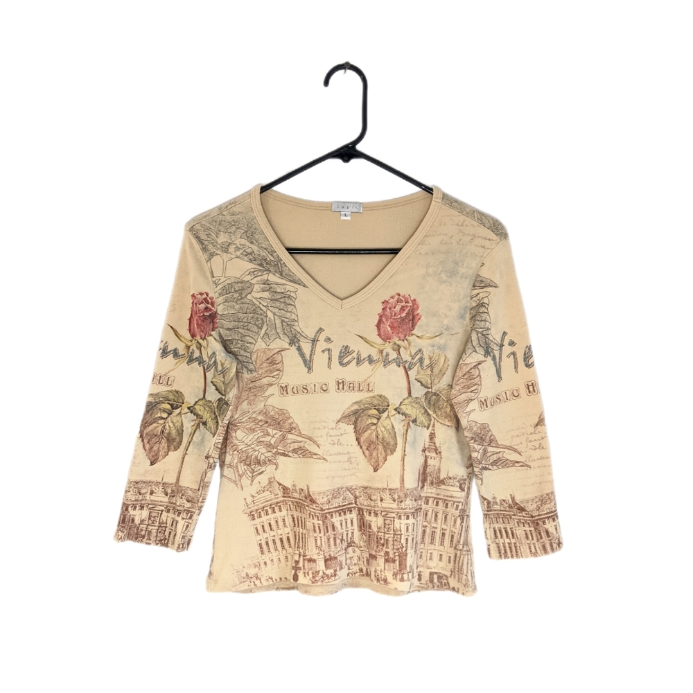 Vintage Fairycore Vienna Beige V Neck Half Sleeve Fitted Tee